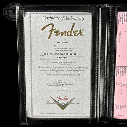 Certificate of Authenticity for Fender Custom Shop 1963 Stratocaster Journeyman Relic Chocolate 3 Tone Sunburst AAA Maple Neck Fender Custom Shop 1963 Stratocaster Journeyman Relic Chocolate 3 Tone Sunburst AAA Maple Neck CZ588244.