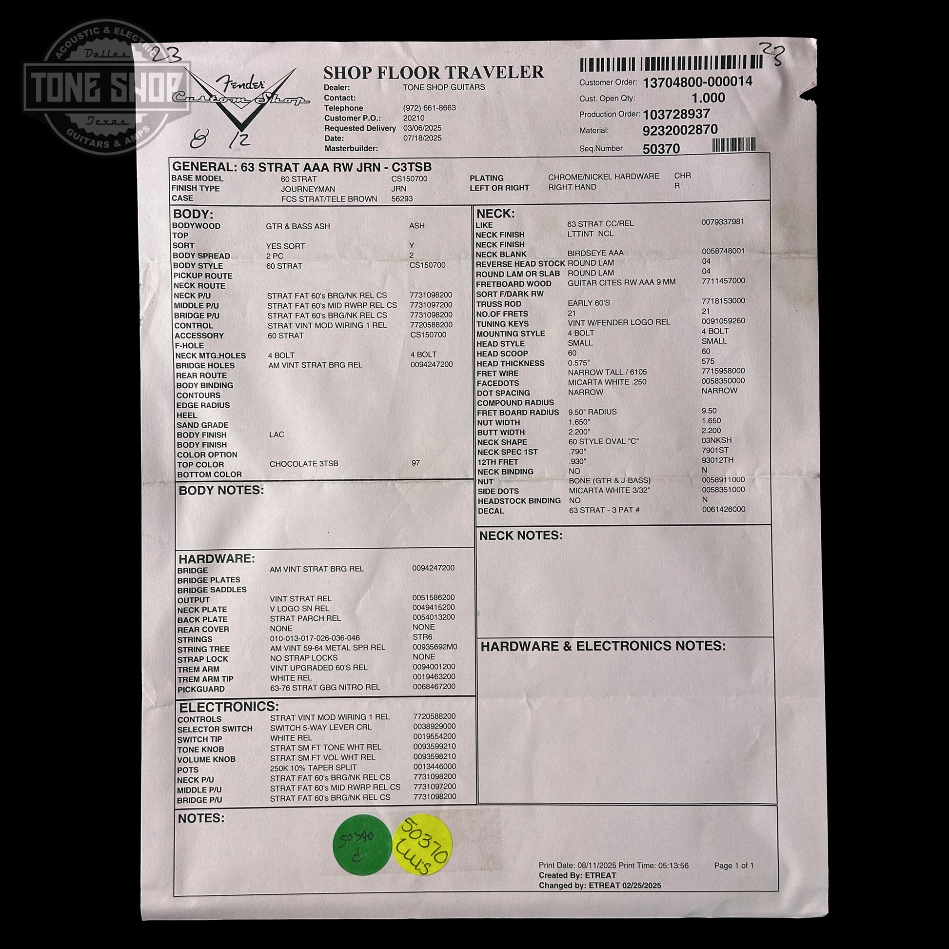 Spec sheet for Fender Custom Shop 1963 Stratocaster Journeyman Relic Chocolate 3 Tone Sunburst AAA Maple Neck Fender Custom Shop 1963 Stratocaster Journeyman Relic Chocolate 3 Tone Sunburst AAA Maple Neck CZ588244.