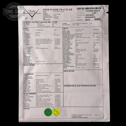 Spec sheet for Fender Custom Shop 1963 Stratocaster Journeyman Relic Chocolate 3 Tone Sunburst AAA Maple Neck Fender Custom Shop 1963 Stratocaster Journeyman Relic Chocolate 3 Tone Sunburst AAA Maple Neck CZ588244.