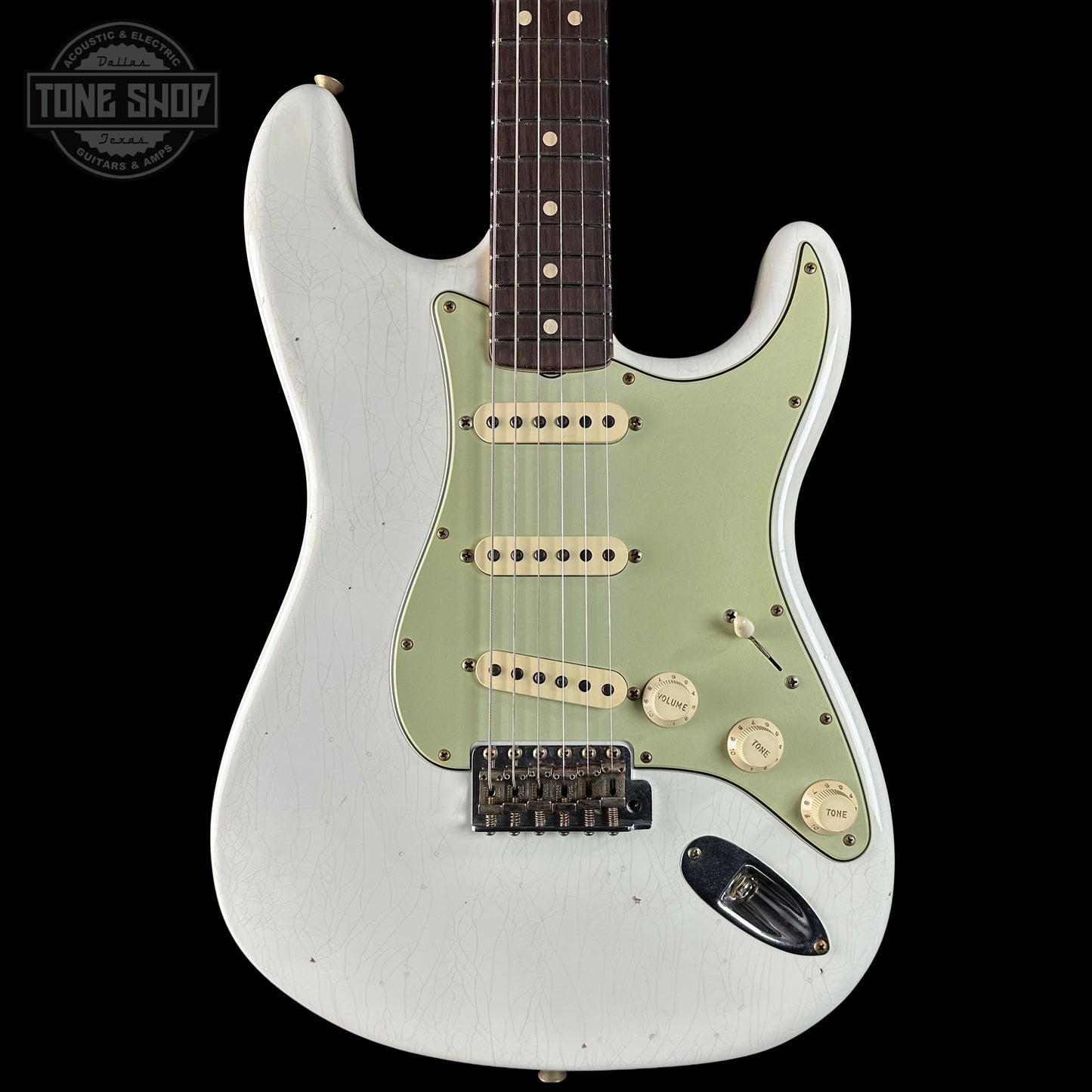 Front of Fender Custom Shop 1963 Stratocaster Journeyman Relic Olympic White AAA Maple Neck.