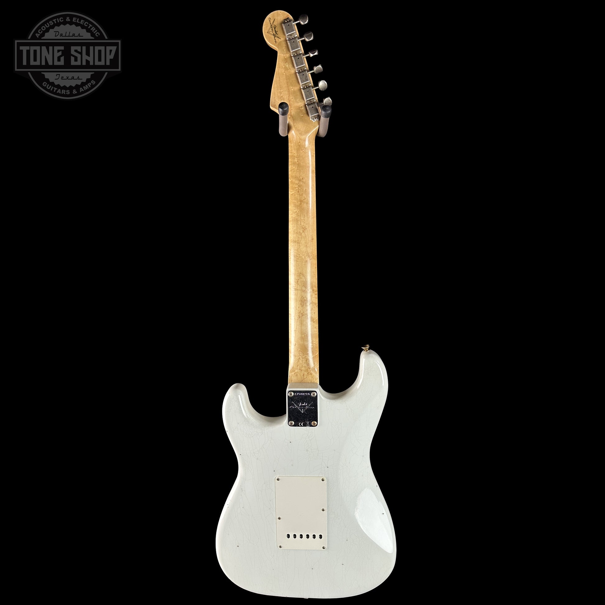 Back of Fender Custom Shop 1963 Stratocaster Journeyman Relic Olympic White AAA Maple Neck.