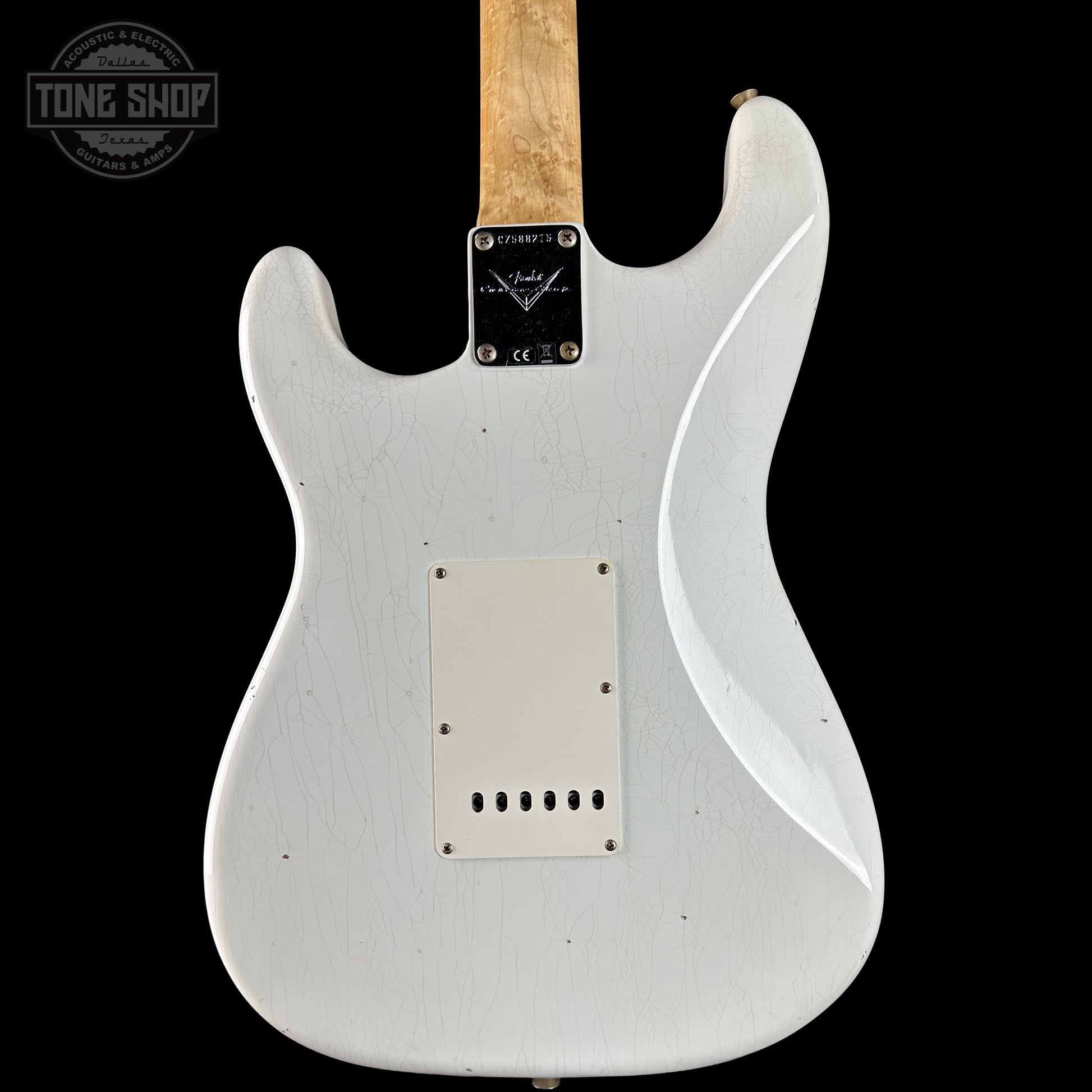Back of Fender Custom Shop 1963 Stratocaster Journeyman Relic Olympic White AAA Maple Neck body.