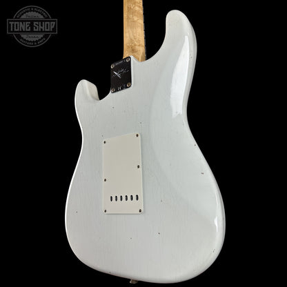 Back right angle of Fender Custom Shop 1963 Stratocaster Journeyman Relic Olympic White AAA Maple Neck body.