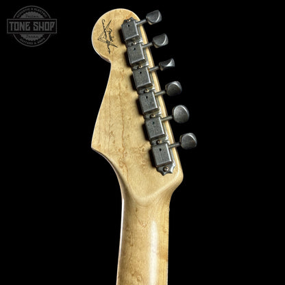 Back of Fender Custom Shop 1963 Stratocaster Journeyman Relic Olympic White AAA Maple Neck headstock.
