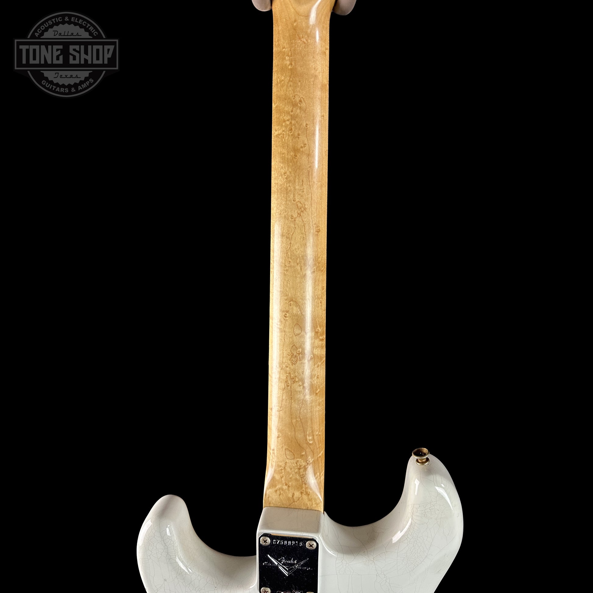 Back of neck of Fender Custom Shop 1963 Stratocaster Journeyman Relic Olympic White AAA Maple Neck.