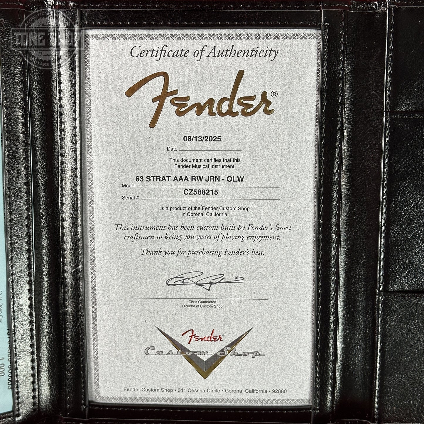 Certificate of Authenticity for Fender Custom Shop 1963 Stratocaster Journeyman Relic Olympic White AAA Maple Neck.