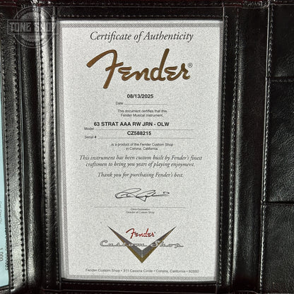 Certificate of Authenticity for Fender Custom Shop 1963 Stratocaster Journeyman Relic Olympic White AAA Maple Neck.