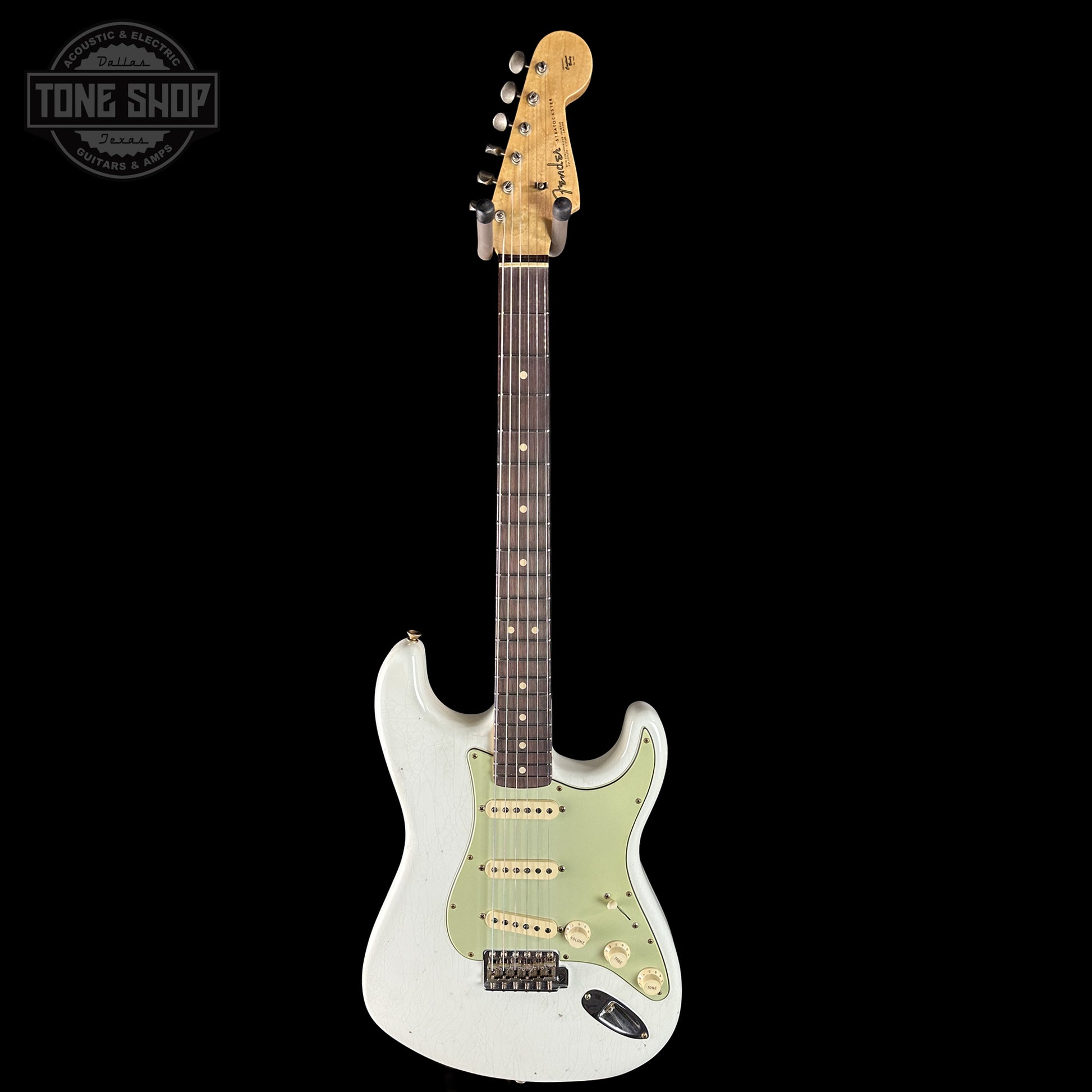 Full frontal of Fender Custom Shop 1963 Stratocaster Journeyman Relic Olympic White AAA Maple Neck.