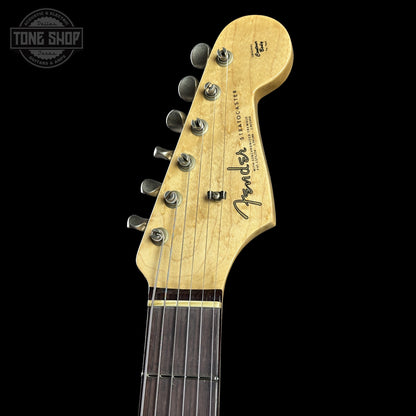 Headstock of Fender Custom Shop 1963 Stratocaster Journeyman Relic Olympic White AAA Maple Neck.