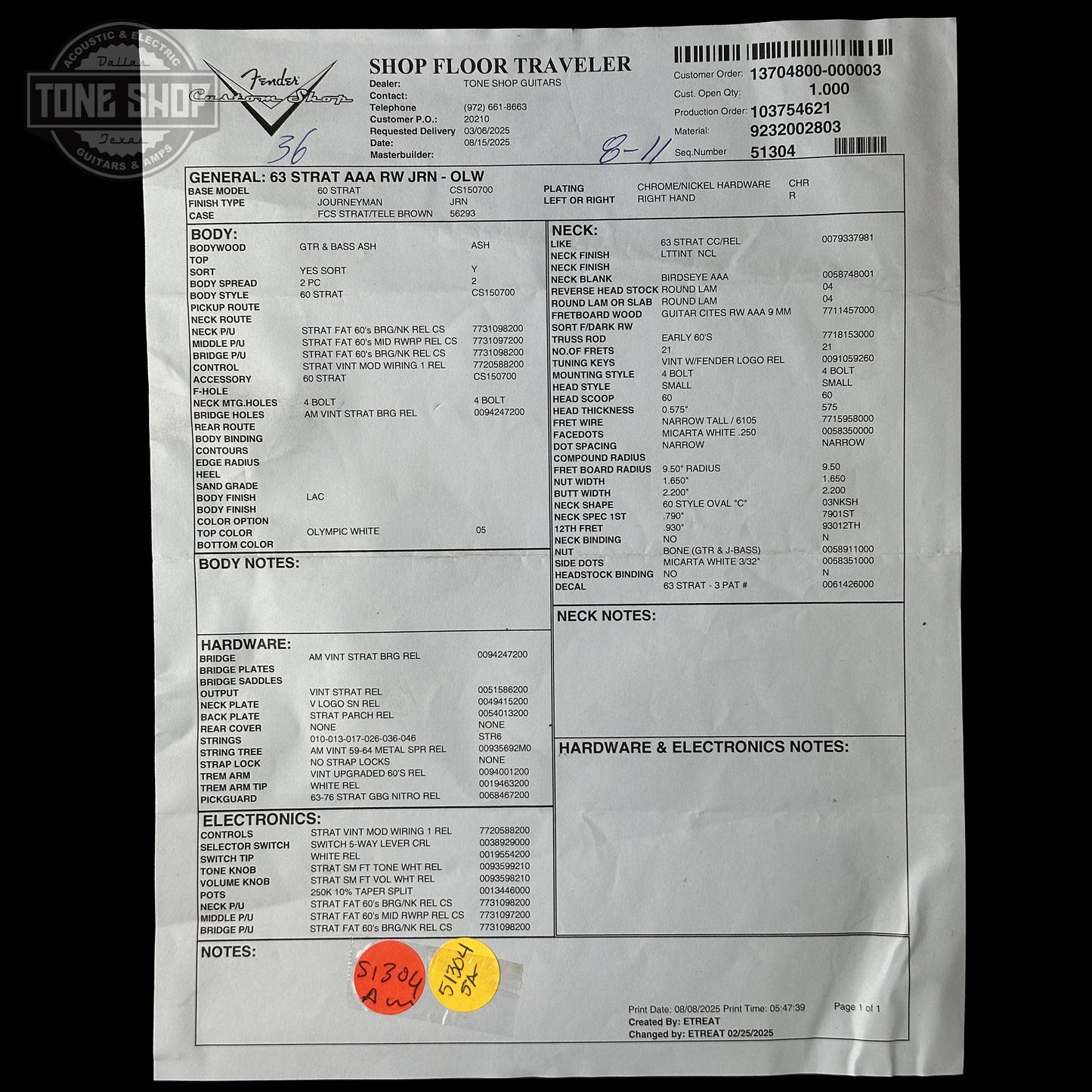 Spec sheet for Fender Custom Shop 1963 Stratocaster Journeyman Relic Olympic White AAA Maple Neck.