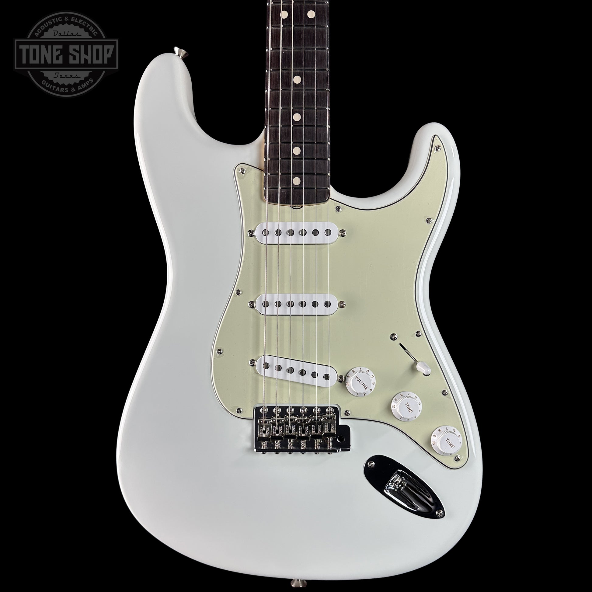 Front of Fender Custom Shop 1963 Stratocaster NOS Olympic White AAA Maple Neck.