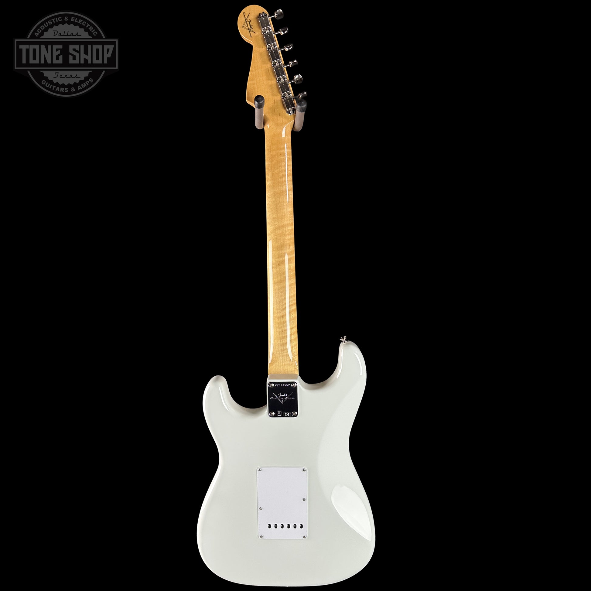 Back of Fender Custom Shop 1963 Stratocaster NOS Olympic White AAA Maple Neck.