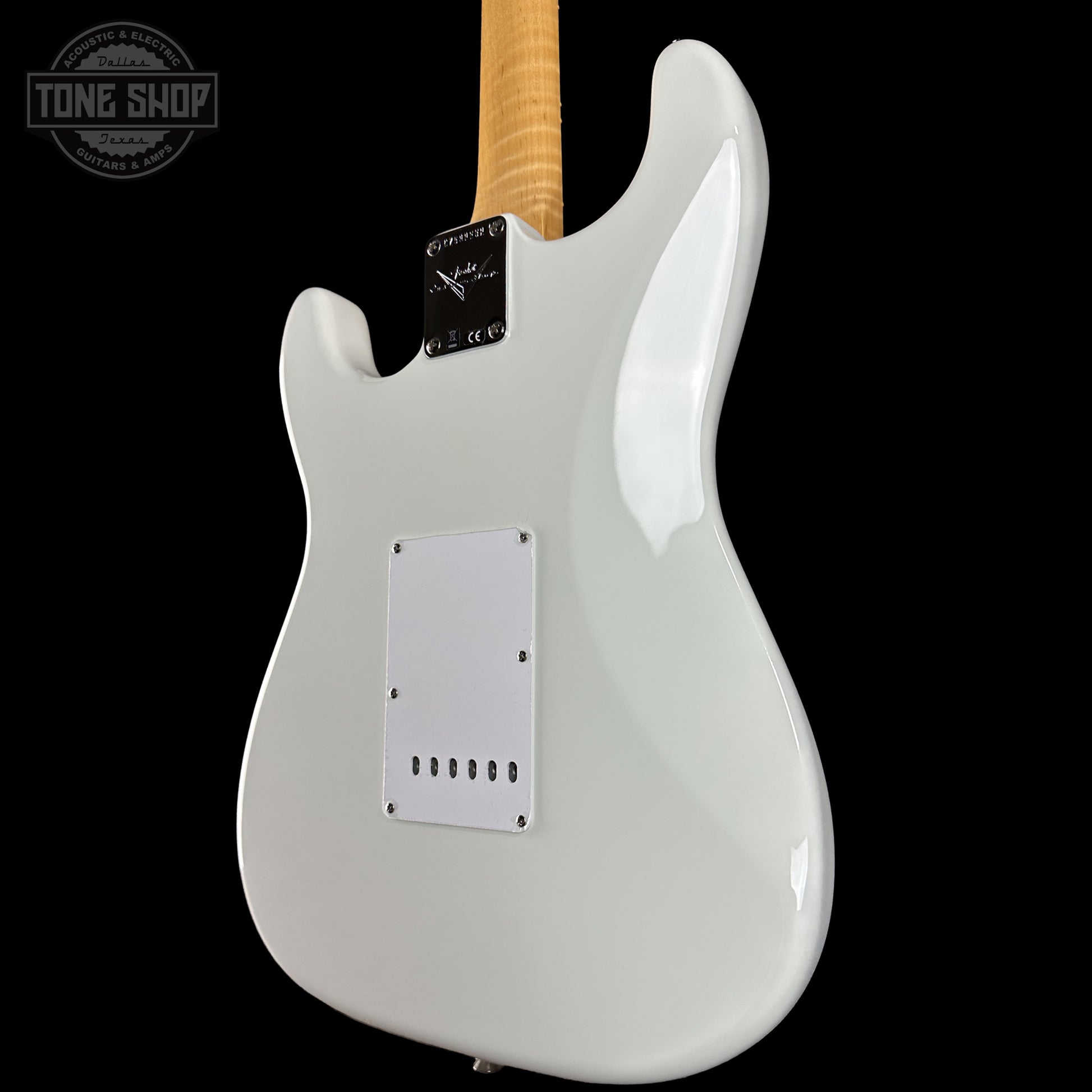 Back right angle of Fender Custom Shop 1963 Stratocaster NOS Olympic White AAA Maple Neck body.