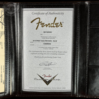 Certificate of Authenticity for Fender Custom Shop 1963 Stratocaster NOS Olympic White AAA Maple Neck.