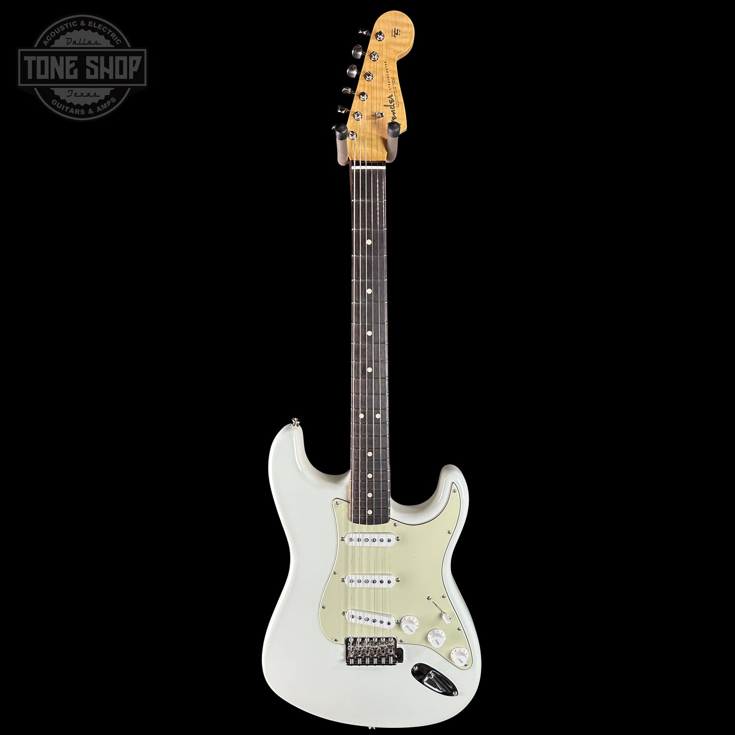 Full frontal of Fender Custom Shop 1963 Stratocaster NOS Olympic White AAA Maple Neck.