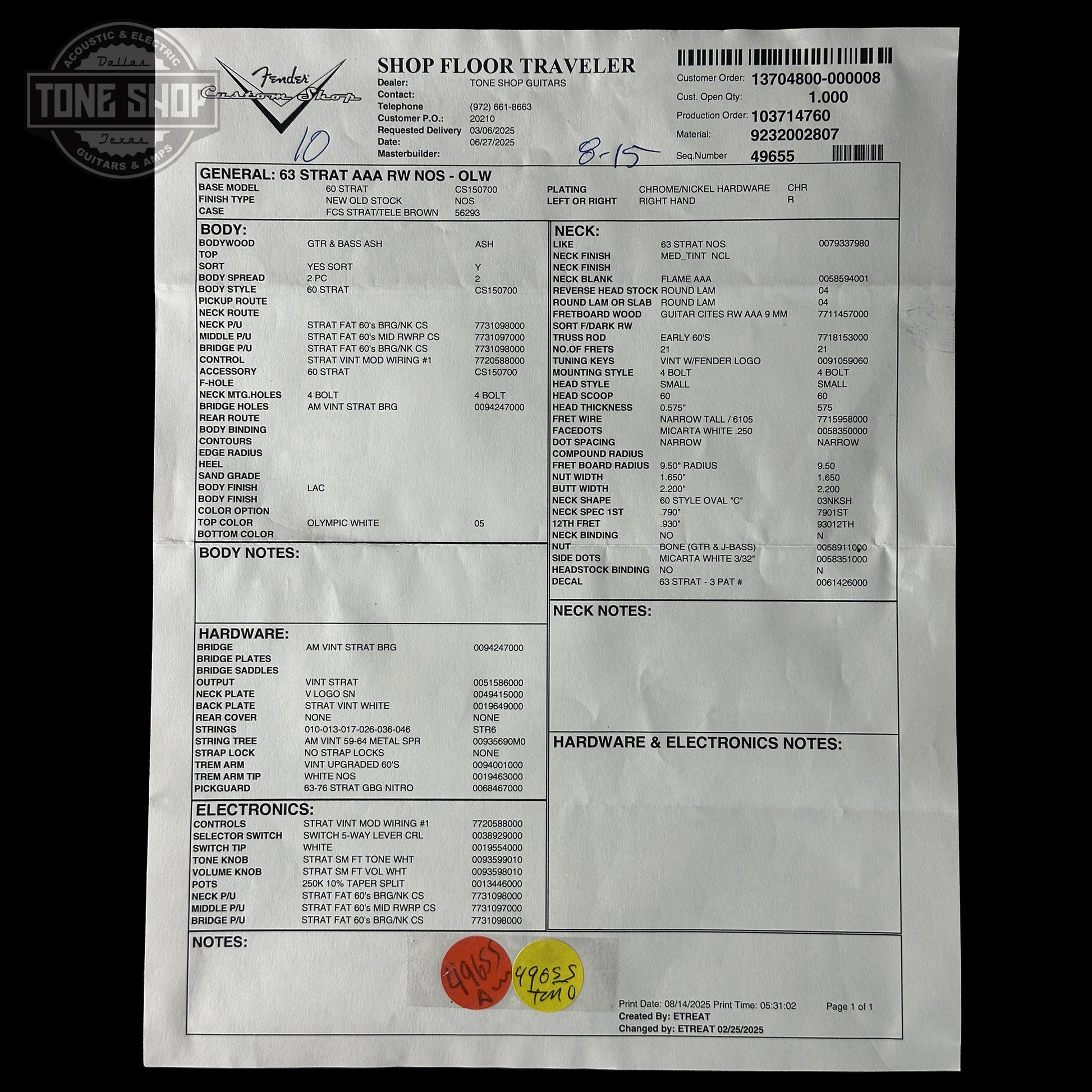 Spec sheet for Fender Custom Shop 1963 Stratocaster NOS Olympic White AAA Maple Neck.