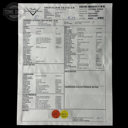 Spec sheet for Fender Custom Shop 1963 Stratocaster NOS Olympic White AAA Maple Neck.