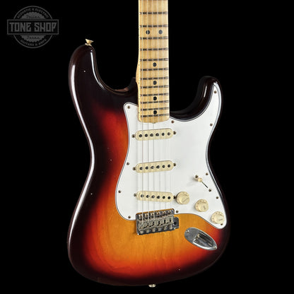 Front left angle of Fender Custom Shop 1969 Stratocaster Journeyman Relic Chocolate 3 Tone Sunburst CZ588710 body.