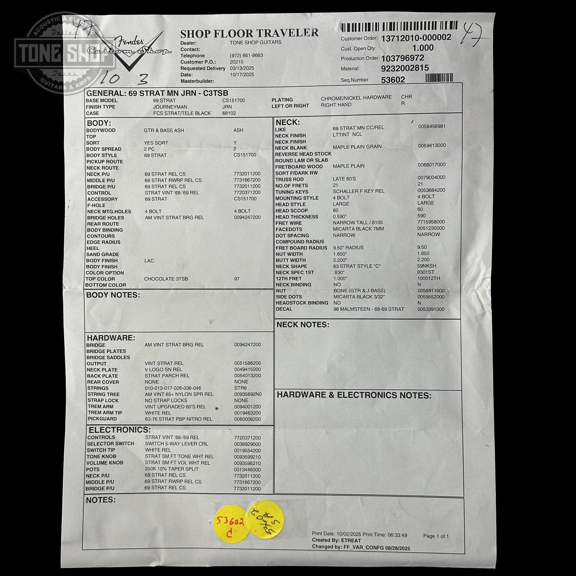 Spec sheet for Fender Custom Shop 1969 Stratocaster Journeyman Relic Chocolate 3 Tone Sunburst CZ588710.