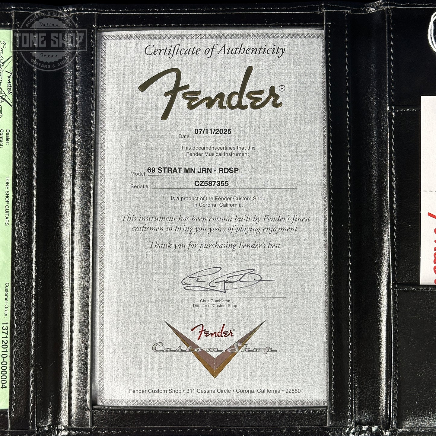 Certificate of Authenticity for Fender Custom Shop 1969 Stratocaster Journeyman Relic RDSP.