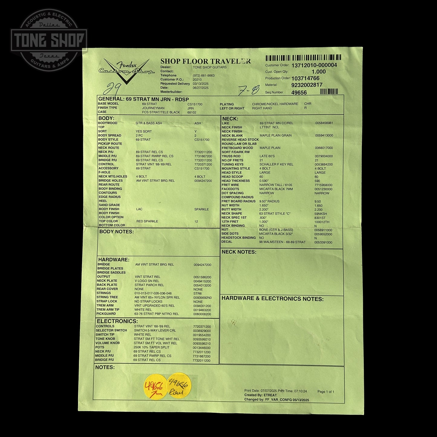 Spec sheet for Fender Custom Shop 1969 Stratocaster Journeyman Relic RDSP.