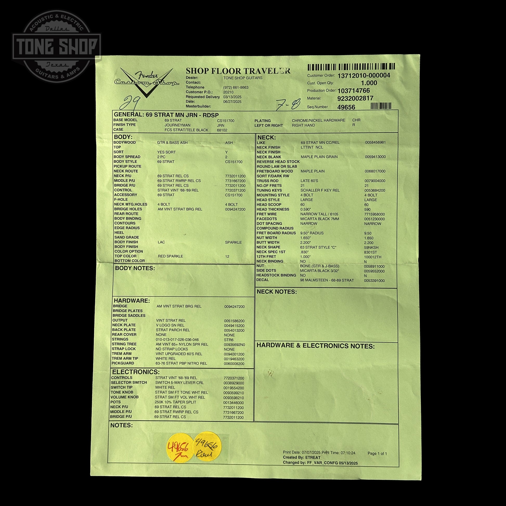 Spec sheet for Fender Custom Shop 1969 Stratocaster Journeyman Relic RDSP.