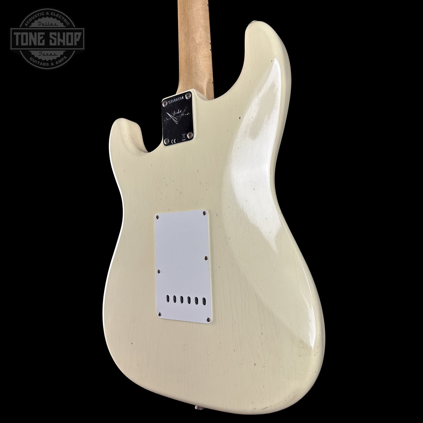 Back right angle of Fender Custom Shop 1969 Stratocaster Journeyman Relic Vintage White CZ588694.
