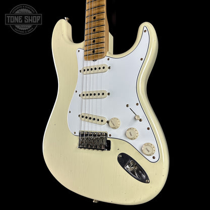 Front right angle of Fender Custom Shop 1969 Stratocaster Journeyman Relic Vintage White CZ588694.