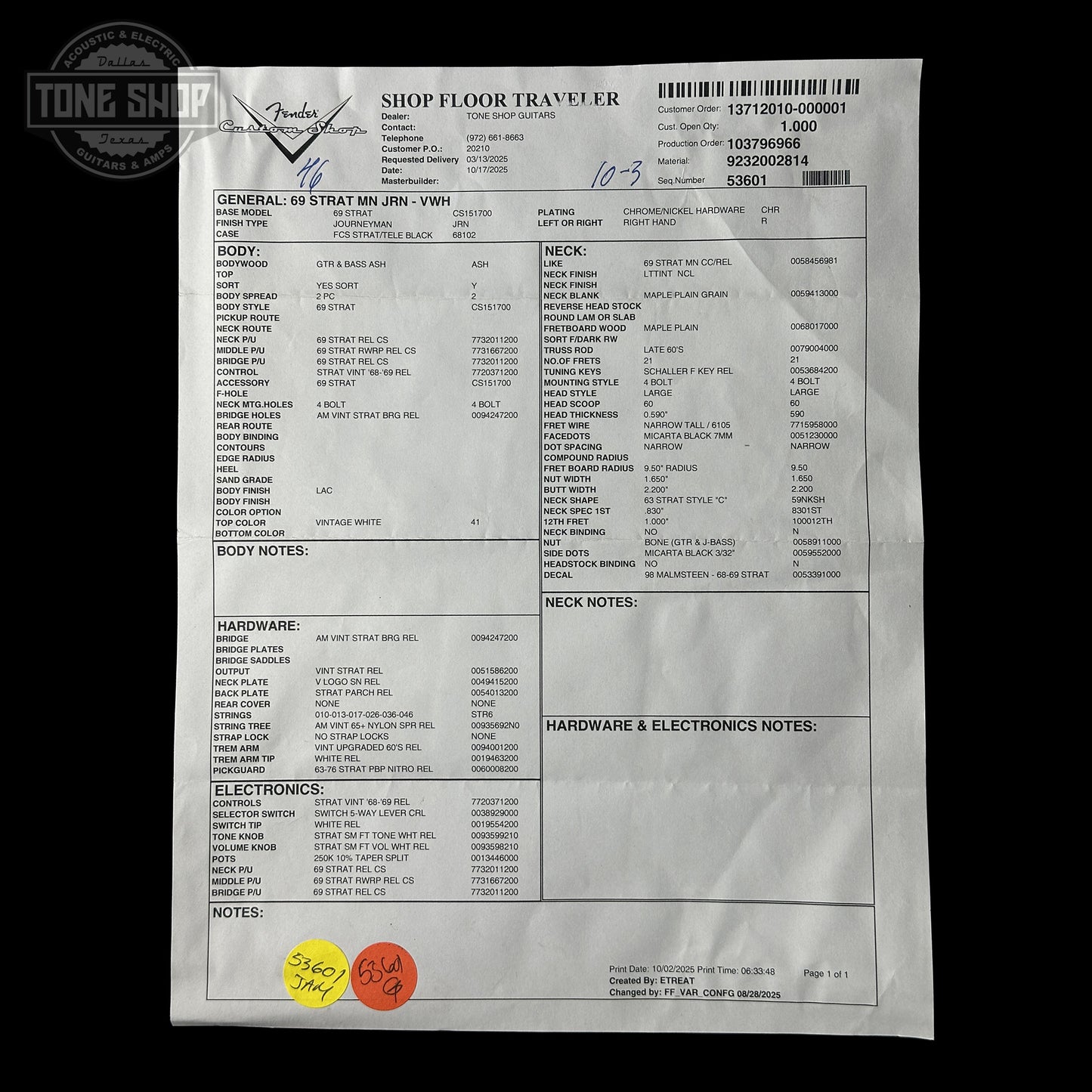 Spec sheet for Fender Custom Shop 1969 Stratocaster Journeyman Relic Vintage White CZ588694.