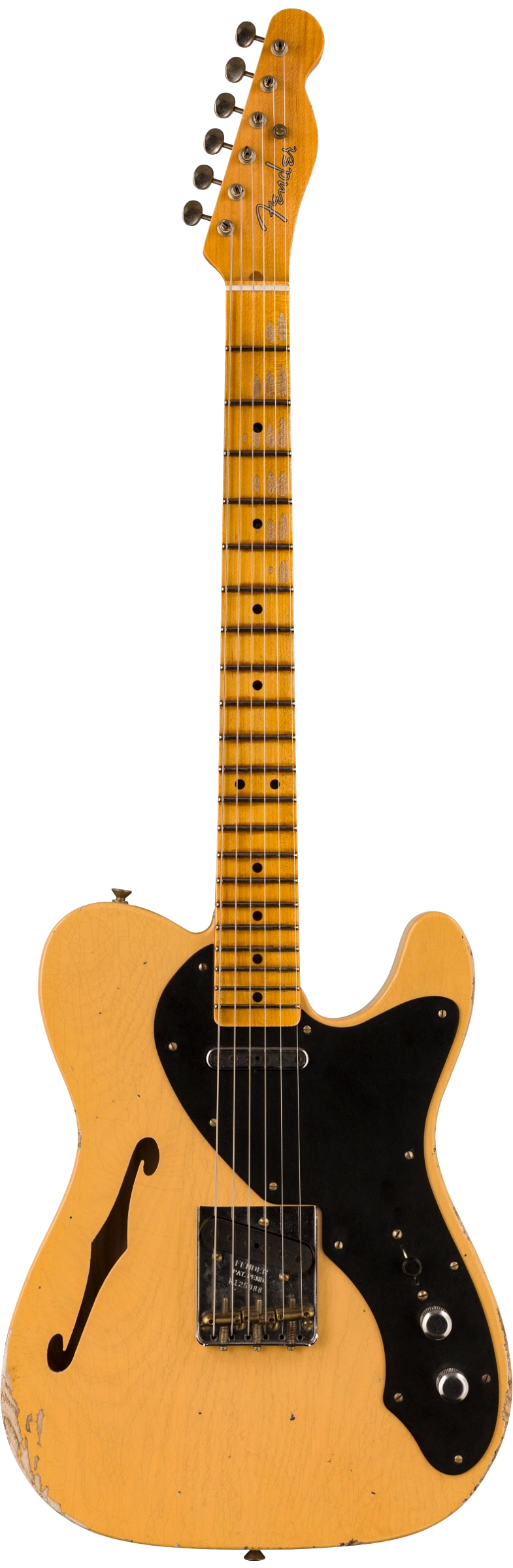 Full frontal of Fender Custom Shop 2023 Collection Ltd Nocaster Thinline Relic Aged Nocaster Blonde.