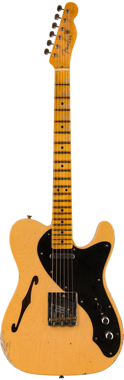 Full frontal of Fender Custom Shop 2023 Collection Ltd Nocaster Thinline Relic Aged Nocaster Blonde.