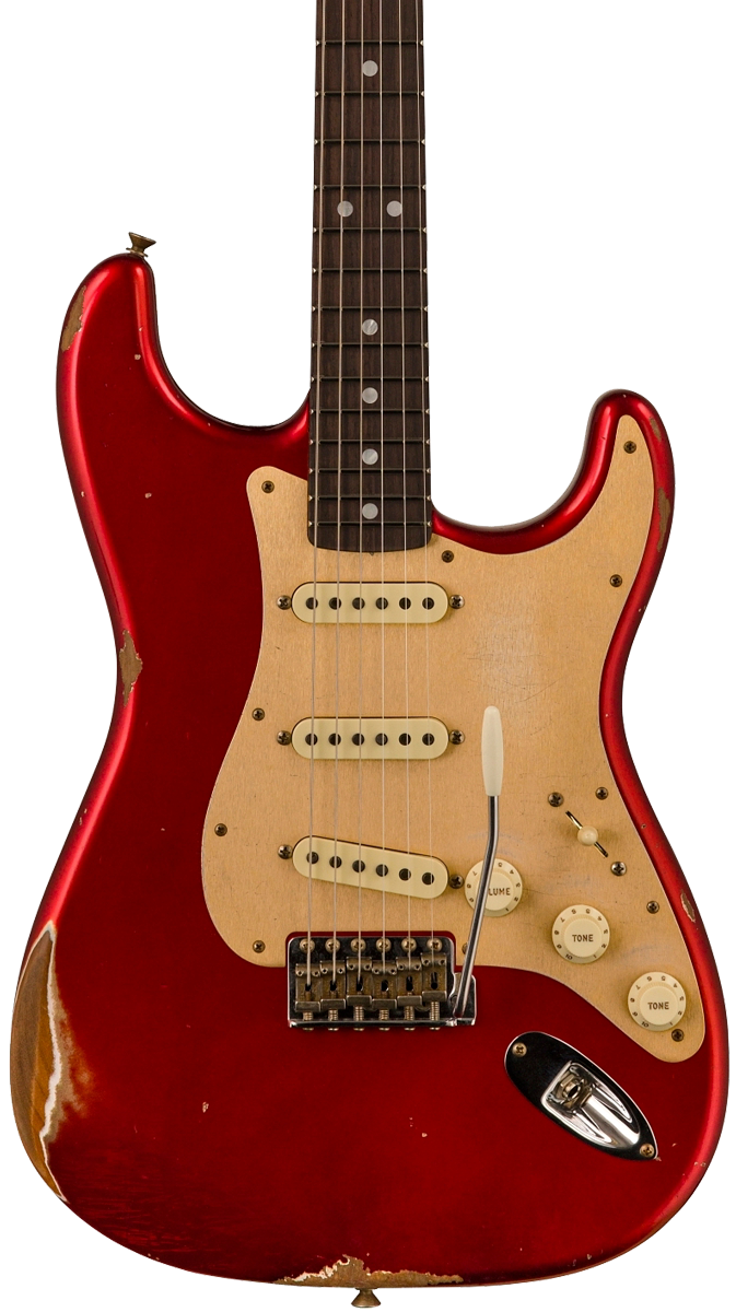 Front of Fender Custom Shop 2023 Collection Ltd Roasted Big Head Strat Relic Aged Candy Apple Red.