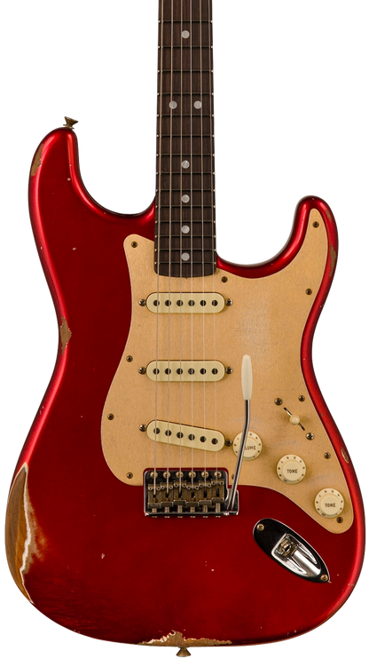 Front of Fender Custom Shop 2023 Collection Ltd Roasted Big Head Strat Relic Aged Candy Apple Red.