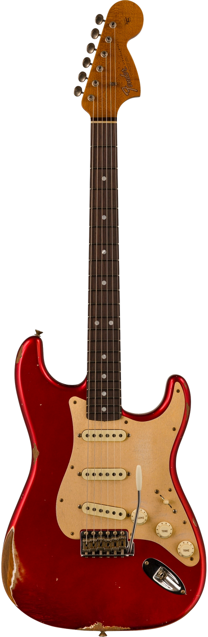 Full frontal of Fender Custom Shop 2023 Collection Ltd Roasted Big Head Strat Relic Aged Candy Apple Red.
