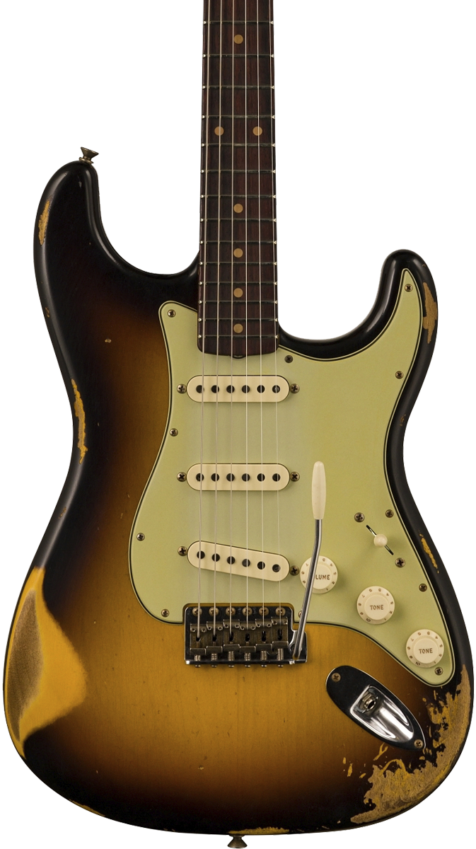 Front of Fender Custom Shop 2023 Collection '60 Strat Heavy Relic Faded Aged 3 Color Sunburst.