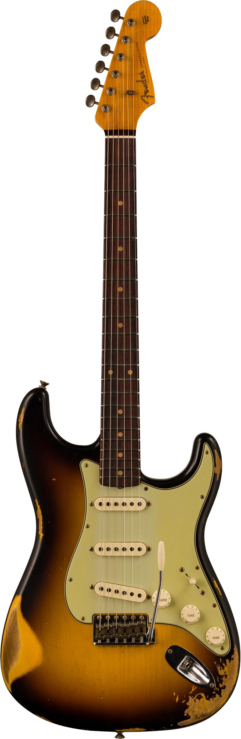Full frontal of Fender Custom Shop 2023 Collection '60 Strat Heavy Relic Faded Aged 3 Color Sunburst.