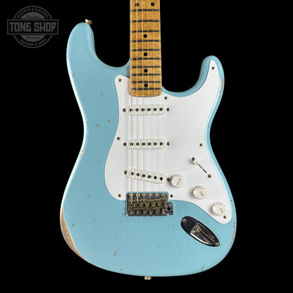 Front of Fender Custom Shop 70th Anniversary 1954 Stratocaster Relic Daphne Blue.