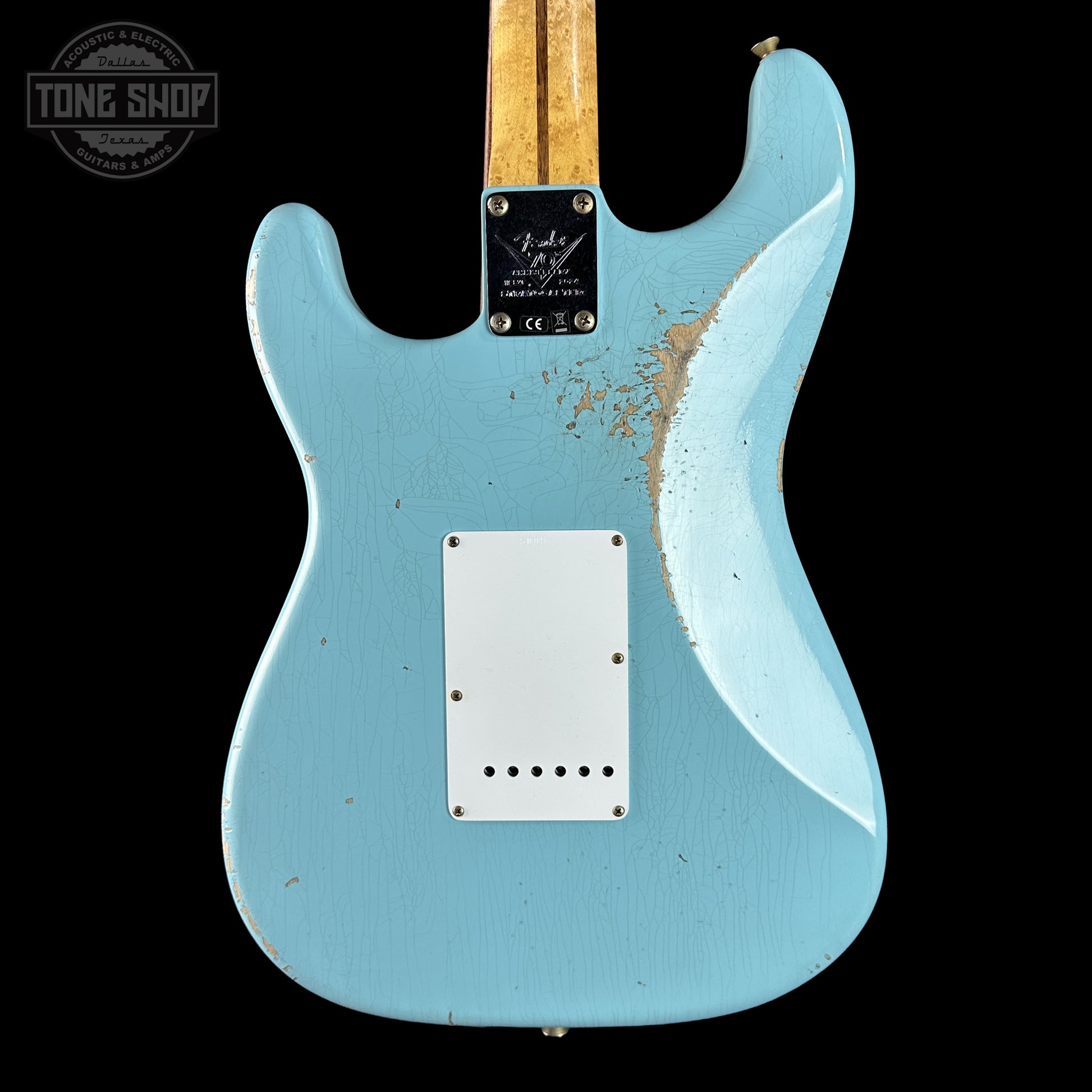 Back of Fender Custom Shop 70th Anniversary 1954 Stratocaster Relic Daphne Blue body.