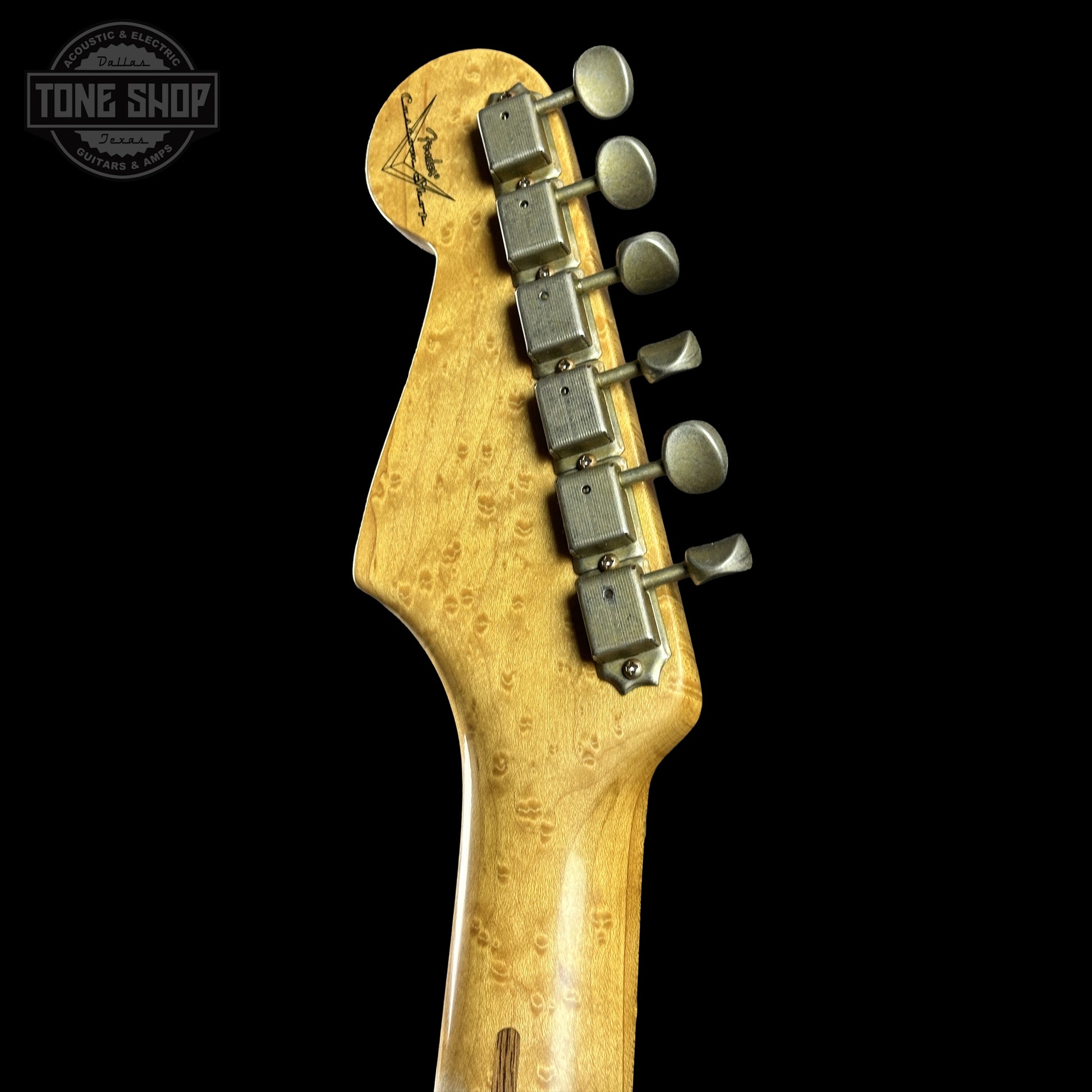 Back of Fender Custom Shop 70th Anniversary 1954 Stratocaster Relic Daphne Blue headstock.