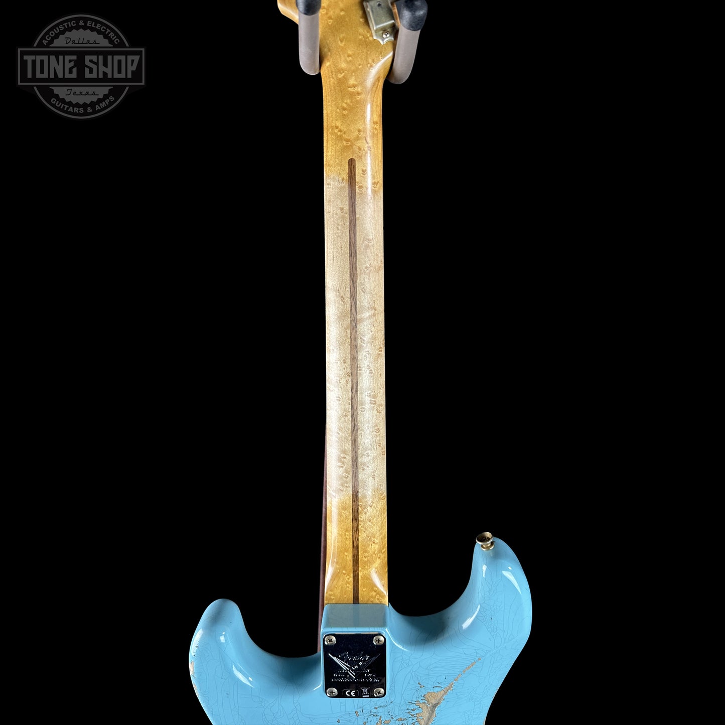 Back of Fender Custom Shop 70th Anniversary 1954 Stratocaster Relic Daphne Blue neck.