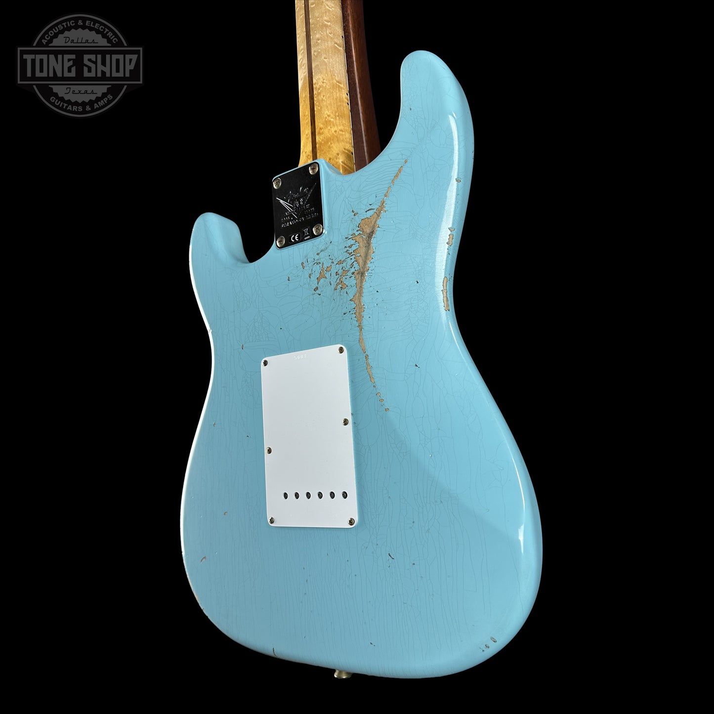 Back right angle shot of Fender Custom Shop 70th Anniversary 1954 Stratocaster Relic Daphne Blue body.