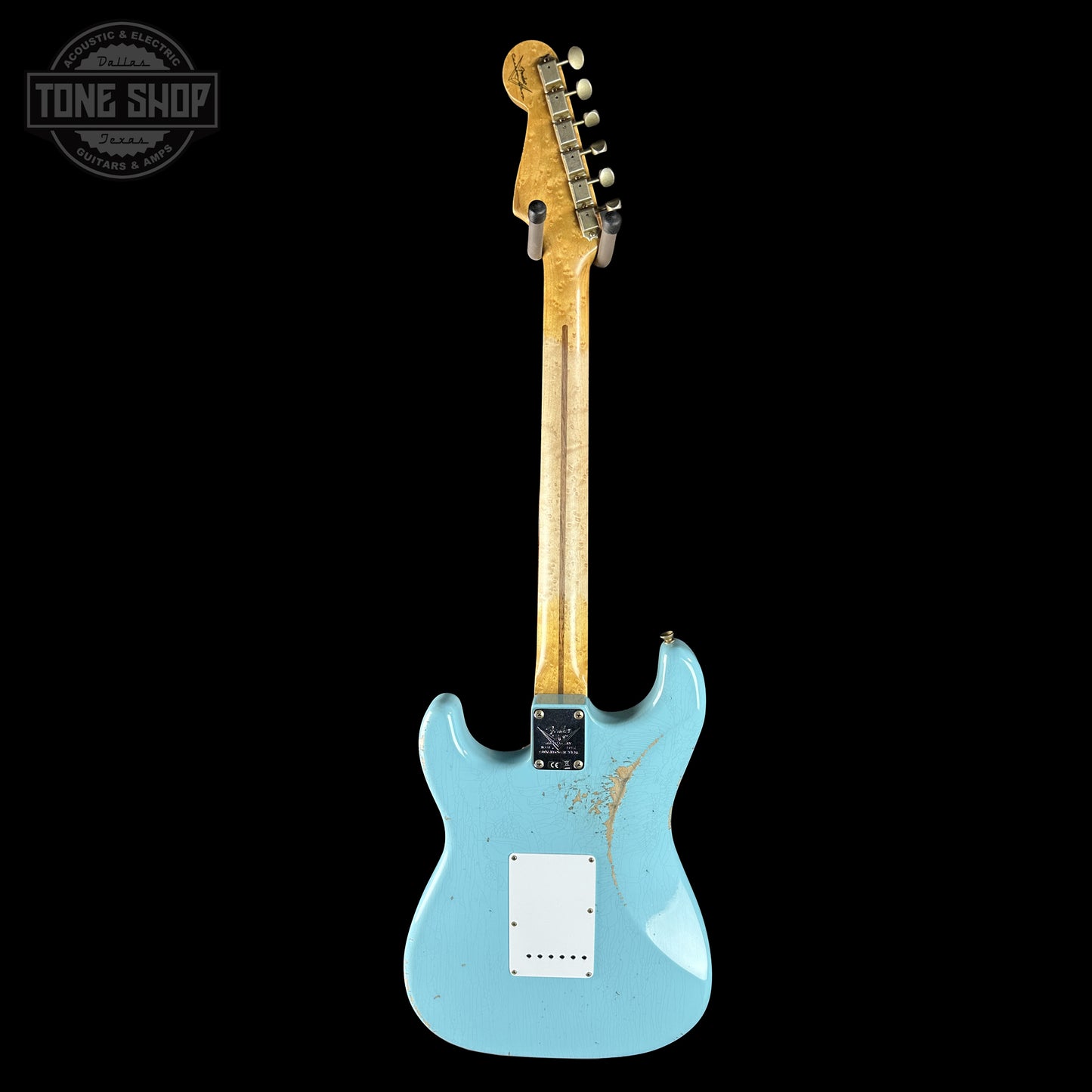 Back of Fender Custom Shop 70th Anniversary 1954 Stratocaster Relic Daphne Blue.