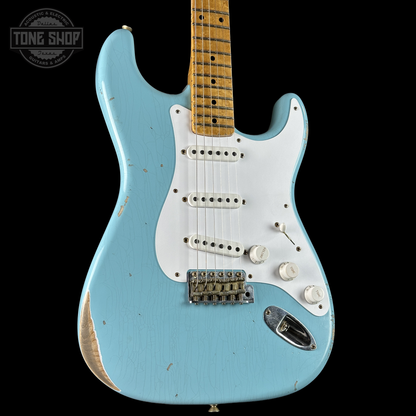 Front left angle of Fender Custom Shop 70th Anniversary 1954 Stratocaster Relic Daphne Blue.