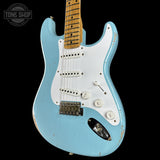 Front right angle of Fender Custom Shop 70th Anniversary 1954 Stratocaster Relic Daphne Blue body.