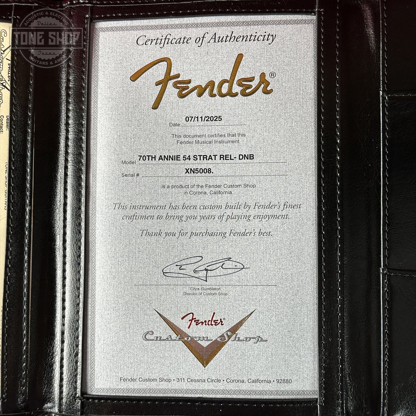 Certificate of Authenticity for Fender Custom Shop 70th Anniversary 1954 Stratocaster Relic Daphne Blue.