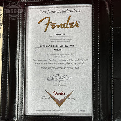 Certificate of Authenticity for Fender Custom Shop 70th Anniversary 1954 Stratocaster Relic Daphne Blue.