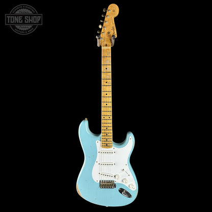 Full frontal of Fender Custom Shop 70th Anniversary 1954 Stratocaster Relic Daphne Blue.