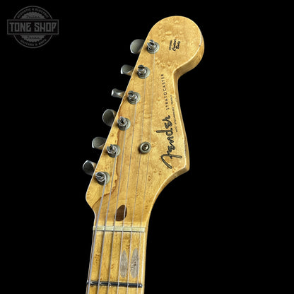 Close up of Fender Custom Shop 70th Anniversary 1954 Stratocaster Relic Daphne Blue headstock.