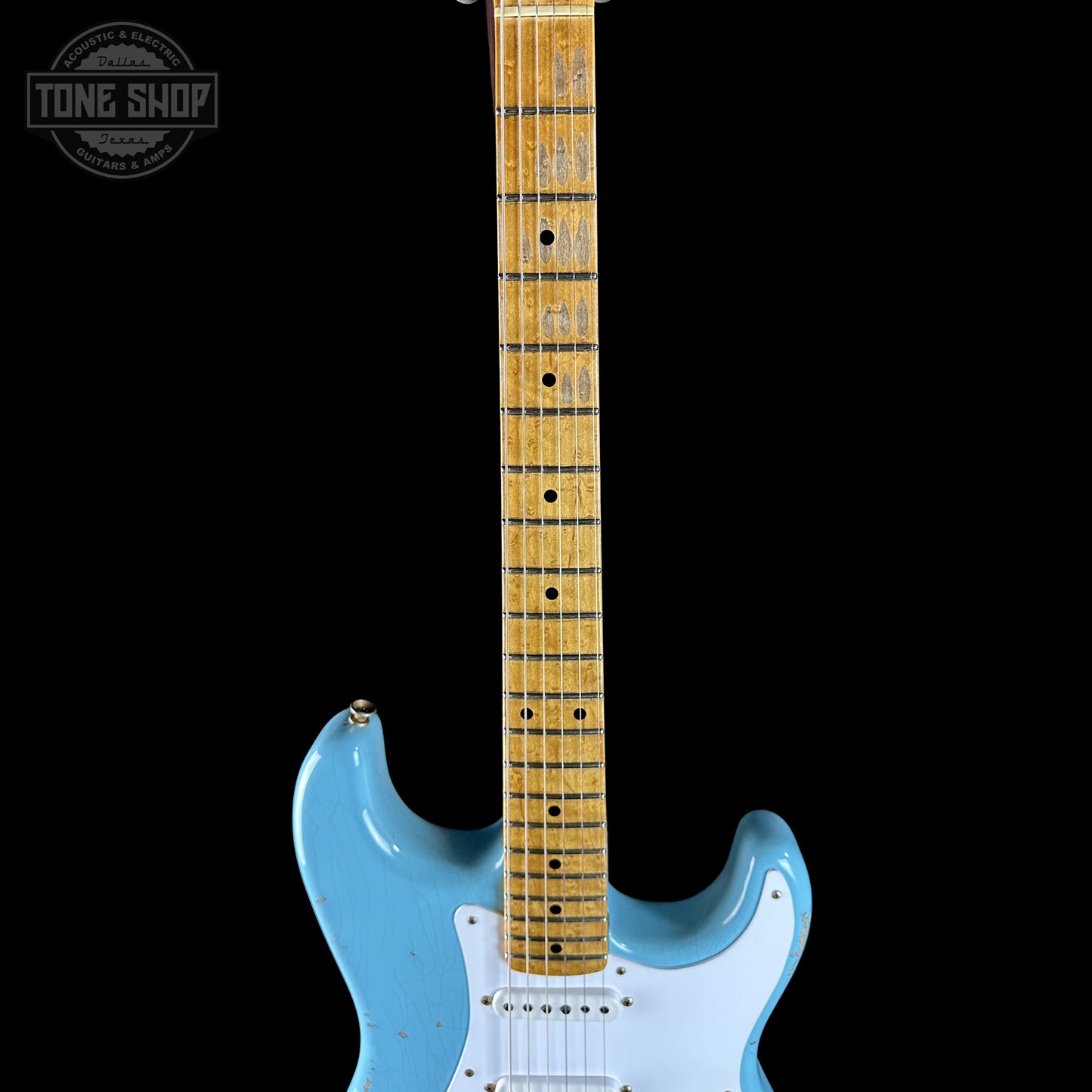 Close up of Fender Custom Shop 70th Anniversary 1954 Stratocaster Relic Daphne Blue neck.