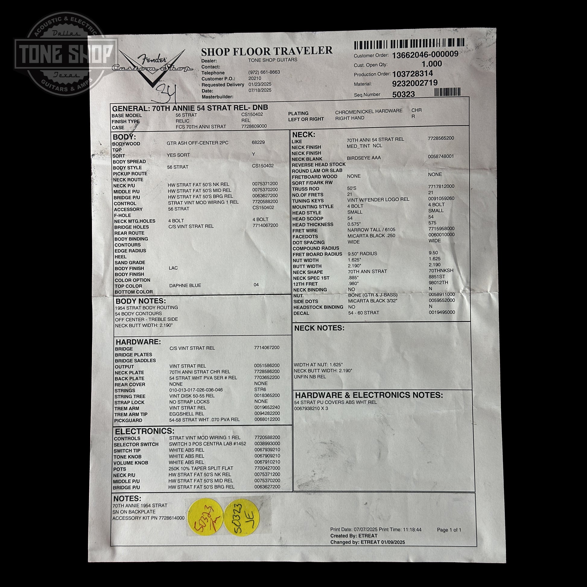 Spec sheet for Fender Custom Shop 70th Anniversary 1954 Stratocaster Relic Daphne Blue.